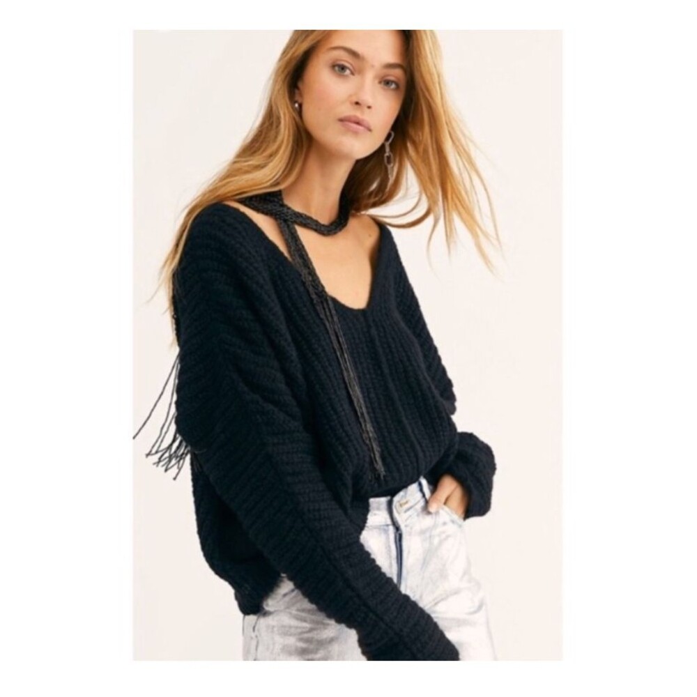 Free People Moonbeam Alpaca Blend Knit Sweater Black Oversized Boho Cozy Size XL